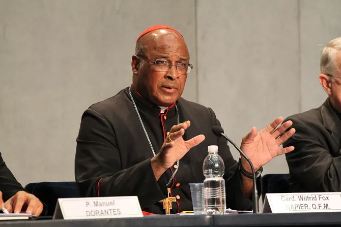 Cardinal Wilfrid Napier speaks at the Vatican Press Office on Oct 14 2014 Credit Bohumil Petrik CNA CNA 10 14 14