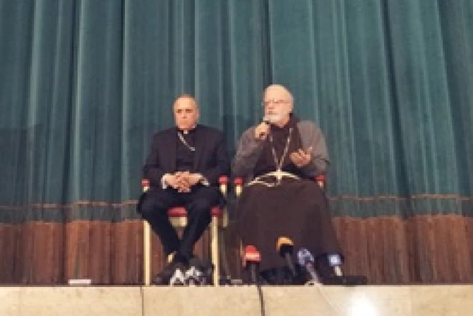 Cardinals Sean OMalley of Boston and Daniel DiNardo of Houston Galveston speak at a press conference at the NAC Credit Estefania Aguirre CNA CNA 3 5 13