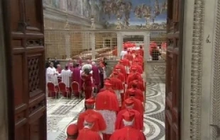 The cardinals enter the Sistine Chapel for the papal conclave to elect a new pope on the morning of March 12, 2013.   CTV.