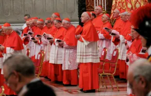 Cardinals pray together at the most recent consistory, held Feb. 22, 2014.   Lauren Cater/CNA.