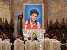 An image of Carlo Acutis was unveiled at his beatification Mass in Assisi, Italy Oct. 10, 2020. 
