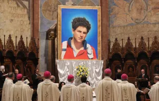 An image of Carlo Acutis was unveiled at his beatification Mass in Assisi, Italy Oct. 10, 2020.   Daniel Ibanez/CNA.