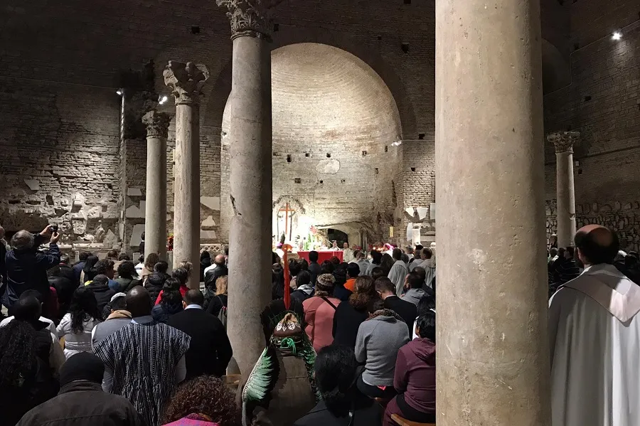 Bishops and other attendees at Mass inside the Catacombs of Domitilla in Rome Oct. 20, 2019. ?w=200&h=150