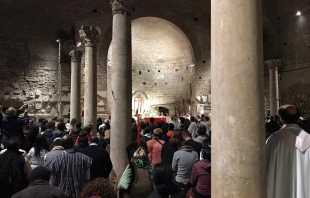 Bishops and other attendees at Mass inside the Catacombs of Domitilla in Rome Oct. 20, 2019.   Edward Pentin/CNA.