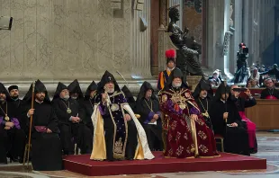 Catholicoi Aram I and Karekin II of the Armenian Apostolic Church attend a Mass for the faithful of the Armenian rite at St. Peter's Basilica, April 12, 2015.   L'Osservatore Romano.