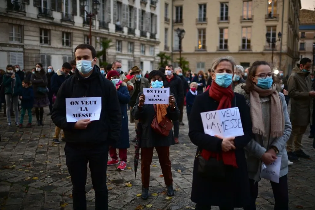 Catholics protest coronavirus restrictions under which public Masses are banned, Nov. 15, 2020, in Versailles. ?w=200&h=150