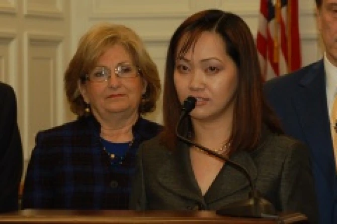 Cathy Cenzon DeCarlo RN speaks March 5 2013 at the press conference on Religious Freedom Credit Addie Mena CNA CNA 3 5 13
