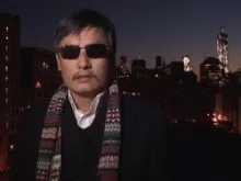 Chen Guangcheng gives his message from New York City with the Freedom Tower in the background (File Photo-CNA).