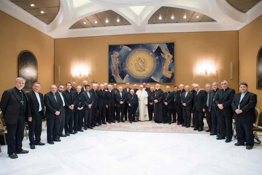 Pope Francis meets with Chilean bishops in Rome, May 2018. ?w=200&h=150