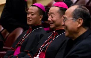Bishop Joseph Guo Jincai (left) and Bishop Yang Xiaoting (right) at Opening of the XV Ordinary General Assembly of the Synod of Bishops.   Daniel Ibanez.