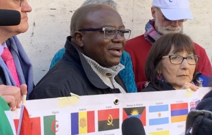 Benjamin Kitobo (C) speaks at a gathering of clerical sex abuse victims and advocates outside St. Peter's Square, Feb. 20, 2019.   Courtney Grogan/CNA.