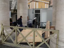Construction begins on new showers inside the public restrooms just off the Vatican's St. Peter's Square, Nov. 17, 2014. 