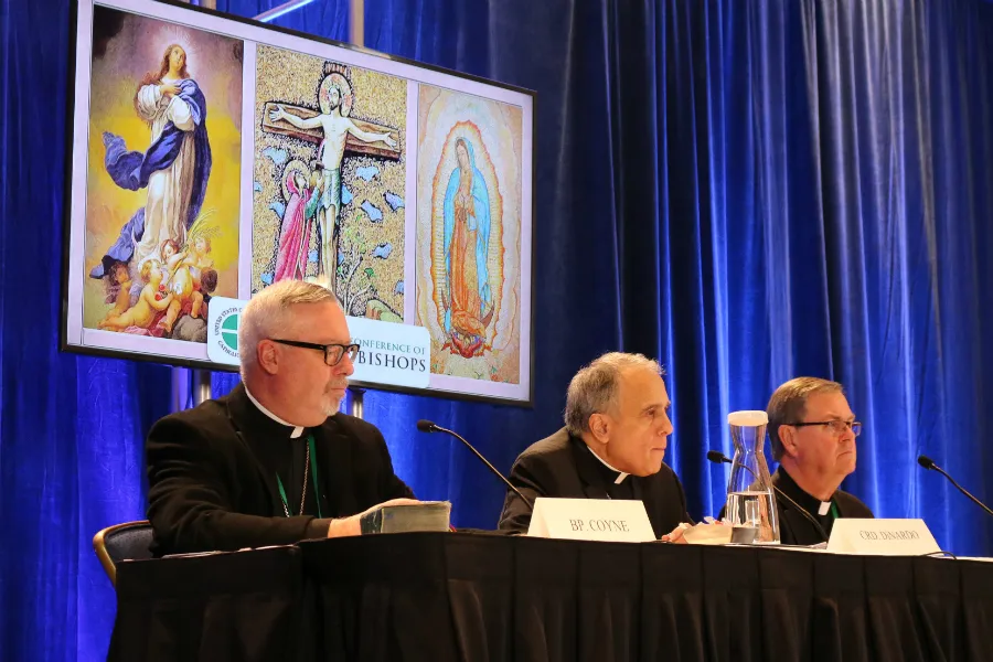 Bishop Coyne, Cardinal DiNardo, and Bishop Doherty at the USCCB press conference in Baltimore, Md., Nov. 12, 2018. ?w=200&h=150