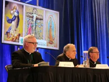 Bishop Coyne, Cardinal DiNardo, and Bishop Doherty at the USCCB press conference in Baltimore, Md., Nov. 12, 2018. 