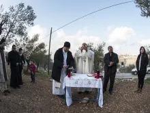 Mass said on the proposed site of an Israeli security wall in the West Bank's Cremisan Valley, Jan. 17, 2014. 