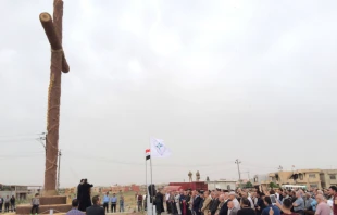 Syrian Catholic Archbishop Youhanna Boutros Moshe of Mosul blesses a newly-erected cross in Bakhdida, Iraq, May 2, 2017. Photo courtesy SOS Chrétiens d'Orient.