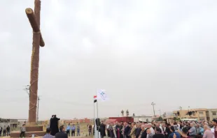 Syrian Catholic Archbishop Youhanna Boutros Moshe of Mosul blesses a newly-erected cross in Bakhdida, Iraq, May 2, 2017. Photo courtesy SOS Chrétiens d'Orient. 