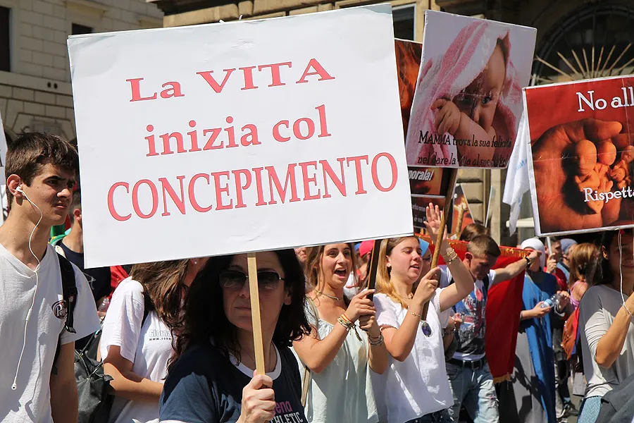 Pro-life witnesses participate in Rome's March for Life, May 10, 2015. THe sign reads "life begins at conception." ?w=200&h=150