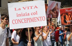 Pro-life witnesses participate in Rome's March for Life, May 10, 2015. THe sign reads "life begins at conception."   Martha Calderon/CNA.