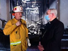 Archbishop Jose Gomez visits the scene of the fire at the San Gabriel mission, July 11, 2020. 