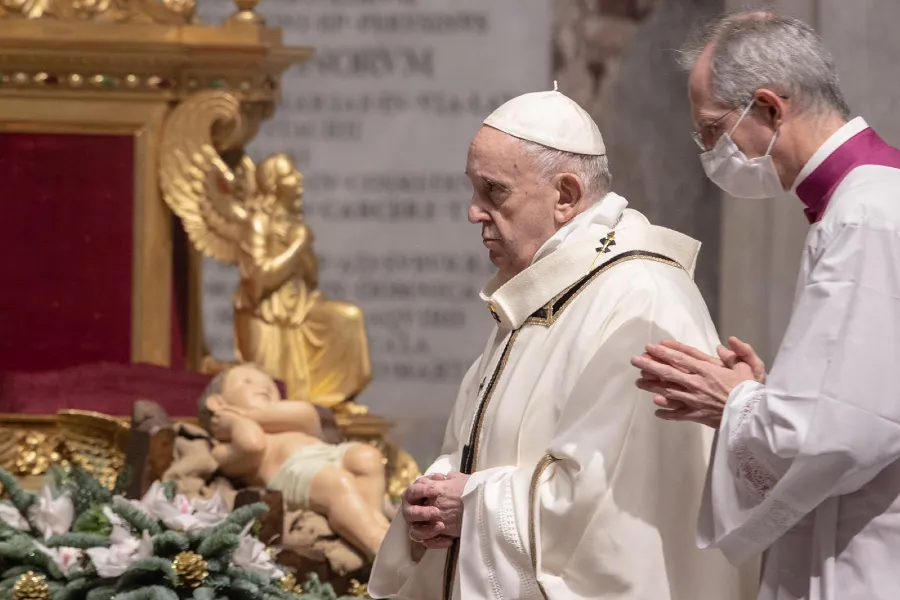 Pope Francis offers Mass in St. Peter's Basilica Dec. 24, 2020. Credit: Daniel Ibáñez/Vatican Pool.?w=200&h=150