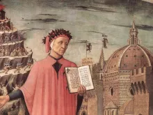 Italian poet Dante Alighieri (c. 1265-1321) in a detail from a painting by Domenico di Michelino. Public domain.