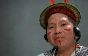 Delio Siticonatzi Camaiteri, a member of Peru's Ashaninka people, speaks at a Holy See press office briefing, Oct 24. 2019.   Daniel Ibáñez/CNA.