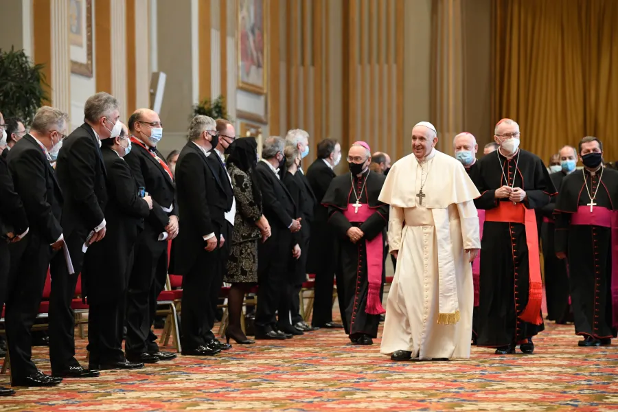 Pope Francis meets with the diplomats accredited to the Holy See at the Vatican's Hall of Blessing Feb. 8, 2021. Credit: Vatican Media/CNA.?w=200&h=150