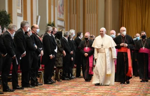 Pope Francis meets with the diplomats accredited to the Holy See at the Vatican's Hall of Blessing Feb. 8, 2021. Credit: Vatican Media/CNA.