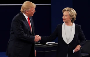 Donald Trump shakes hands with Hillary Clinton during the town hall debate at Washington University on October 9, 2016.   Chip Somodevilla / Getty Images.