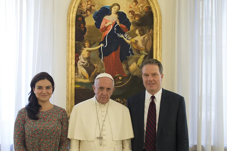 Greg Burke and Paloma Garcia Ovejero, the newly-appointed director and vice-director of the Holy See press office, with Pope Francis, July 11, 2016. ?w=200&h=150