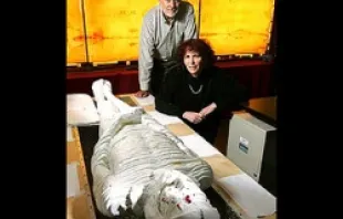 Dr. John Jackson with wife Rebecca, founders of the Turin Shroud Center of Colorado, with a model of Christ's body based off of the shroud.   Ellen Jaskol.