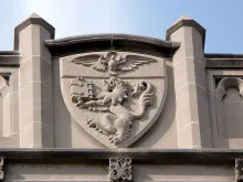 Duquesne University's crest on Canevin Hall. 