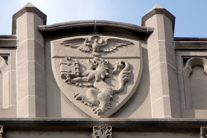 Duquesne Universitys crest Part of an architectural detail on Canevin Hall home to the School of Education Credit Alekjds via Wikimedia PUblic Domain