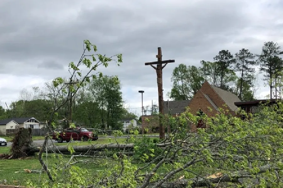A crucifix outside a Tennessee church after storms over Easter, 2020. ?w=200&h=150