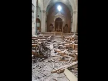 Interior of a damaged church building in Aleppo, April 2015. 