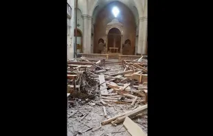 Interior of a damaged church building in Aleppo, April 2015.   Melkite Archdiocese of Aleppo. Courtesy of Aid to the Church in Need.