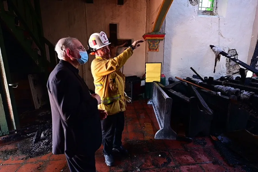 Archbishop Jose Gomez visits the scene of the fire at the San Gabriel mission, July 11, 2020. ?w=200&h=150