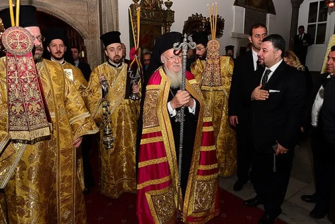 Ecumenical Patriarch Bartholomew exits the Patriarchal Church of St George to greet Pope Francis Credit copyright GANP Dimitrios Panagos CNA