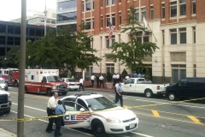 Emergency personel outside of the Family Research Council building after the shooting on Aug 15 2012 Credit Carrie Russell FRC CNA500x320 US Catholic News 10 25 12