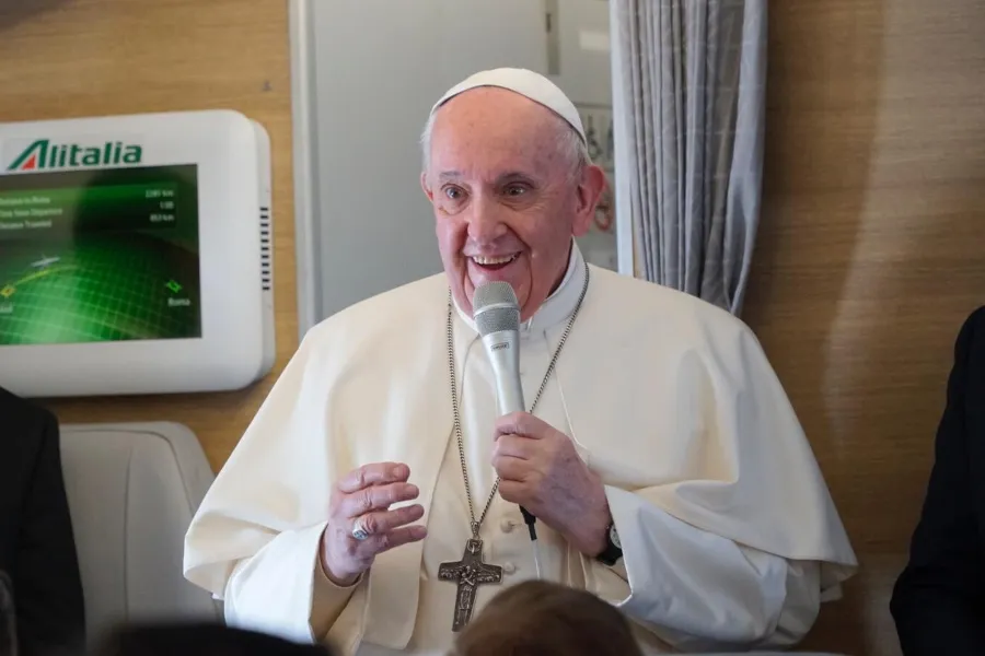 Pope Francis speaks during an in-flight press conference en route from Rome to Iraq March 8, 2021. Caption: Colm Flynn/CNA.?w=200&h=150