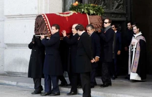 Family members carry the coffin of Francisco Franco out of the basilica of the Valley of the Fallen, Oct. 24, 2019.   Mariscal/POOL/AFP via Getty Images.