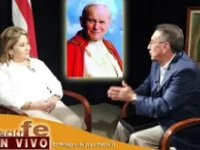 Floribeth Mora Diaz speaks with host Pepe Alonso during an interview on the show 'Nuestra Fe en Vivo' on EWTN Español. 