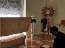 The tomb of Blessed Carlo Acutis in the Sanctuary of the Spoliation, part of Assisi’s Church of St. Mary Major.