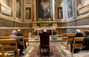 Pope Francis prays in the Basilica of St. Augustine in Campo Marzio, Rome, which contains relics of St. Monica.   Vatican Media. Other photos: Daniel Ibáñez/CNA. 
