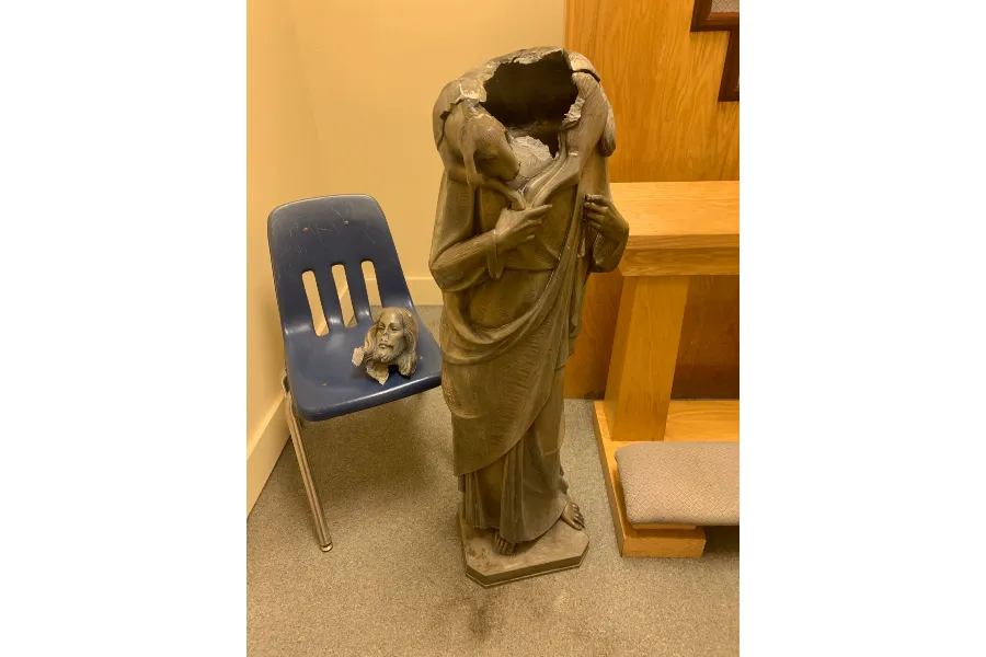 Statue of Christ the Good Shepherd after attack Tuesday night. ?w=200&h=150