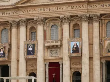 Tapestries in St. Peter's Square show four saints canonized May 17: Marie Alphonsine Danil Ghattas, Jeanne Emilie de Villeneuve, Maria Cristina Brando, and Mariam Baouardy. 