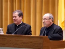 Fr. Alvaro Corcuera (L), general director of the Legion of Christ, and Cardinal Velasio De Paolis at a press conference. 