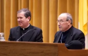 Fr. Alvaro Corcuera (L), general director of the Legion of Christ, and Cardinal Velasio De Paolis at a press conference.   Legion of Christ.