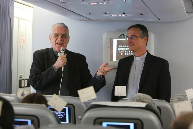 Fr Federico Lombardi and Msgr Dario Edoardo Vigano aboard the papal flight to Quito Ecuador on July 5 2015 Credit Alan Holdren CNA 7 5 15